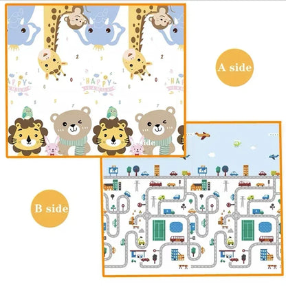 Double-Sided Baby Floor Mat with Animal and Scene Prints, Foldable Foam Crawling Rug in Five Size and Thickness Options for Supervised Play