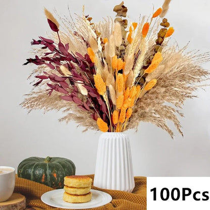 Dried Pampas Grass Bouquet, Natural Decorative Flowers and Bunny Tail Grass for Boho Vase Styling, Home Displays, Weddings and Party Decor