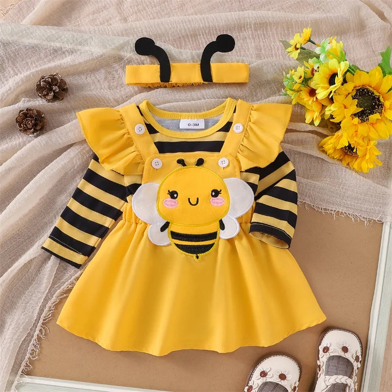 Baby Girl Halloween Bee Outfit 3-Piece Romper and Suspender Dress Set with Headband, Long Sleeve Fall Costume for Infants 0 to 18 Months