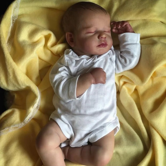 Reborn Newborn Doll LouLou with Sleeping Expression, 45-50 cm Cloth Body and Vinyl Details, Painted Hair, Outfit, Pacifier, Bottle and Birth Card