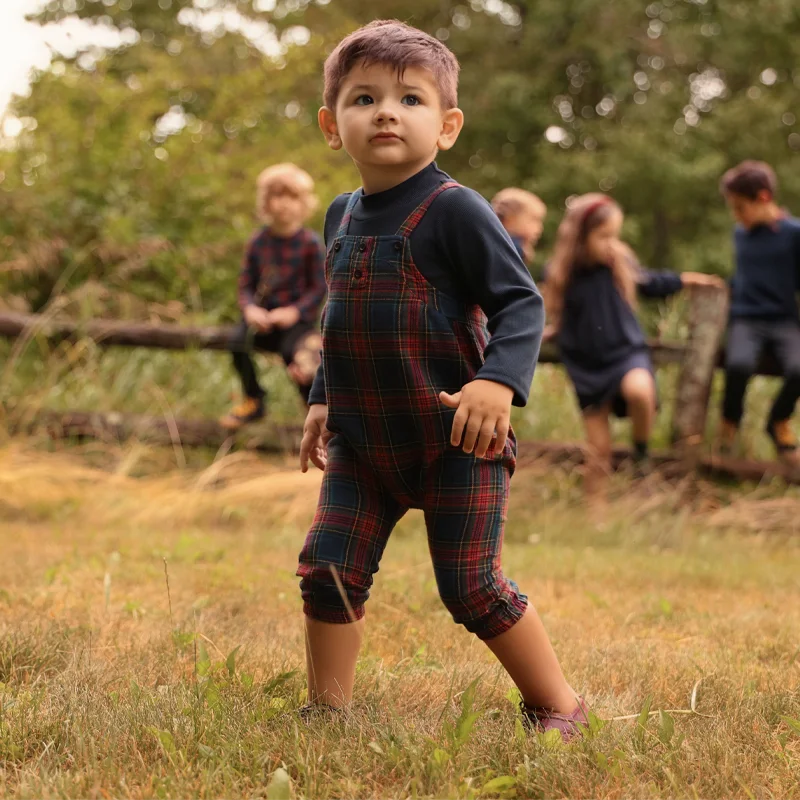 Navy Tartan Sibling Matching Outfits, 100% Cotton Plaid Jumper Dresses, Teen Skirts, Baby Rompers and Coordinating Boys and Girls Tops