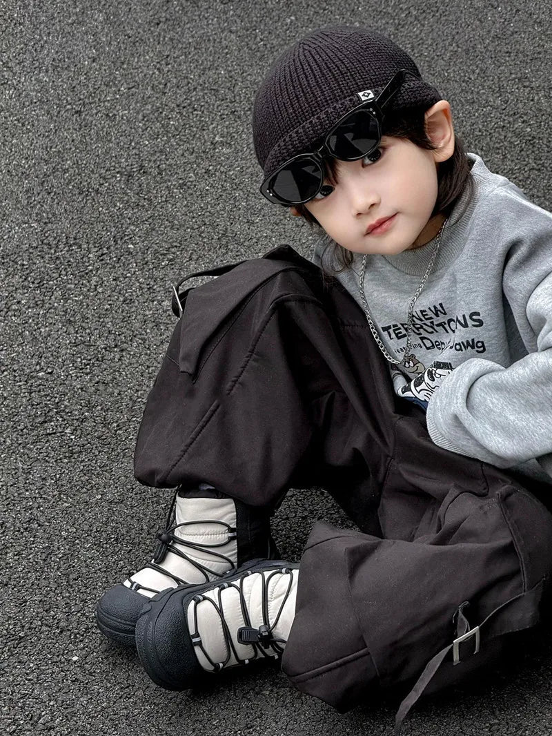 Toggle-Lace Kids Winter Boots with Padded Collars and Chunky Tread Soles, Boys and Girls Snow-Style Ankle Shoes in Four Colors, Sizes 26-37