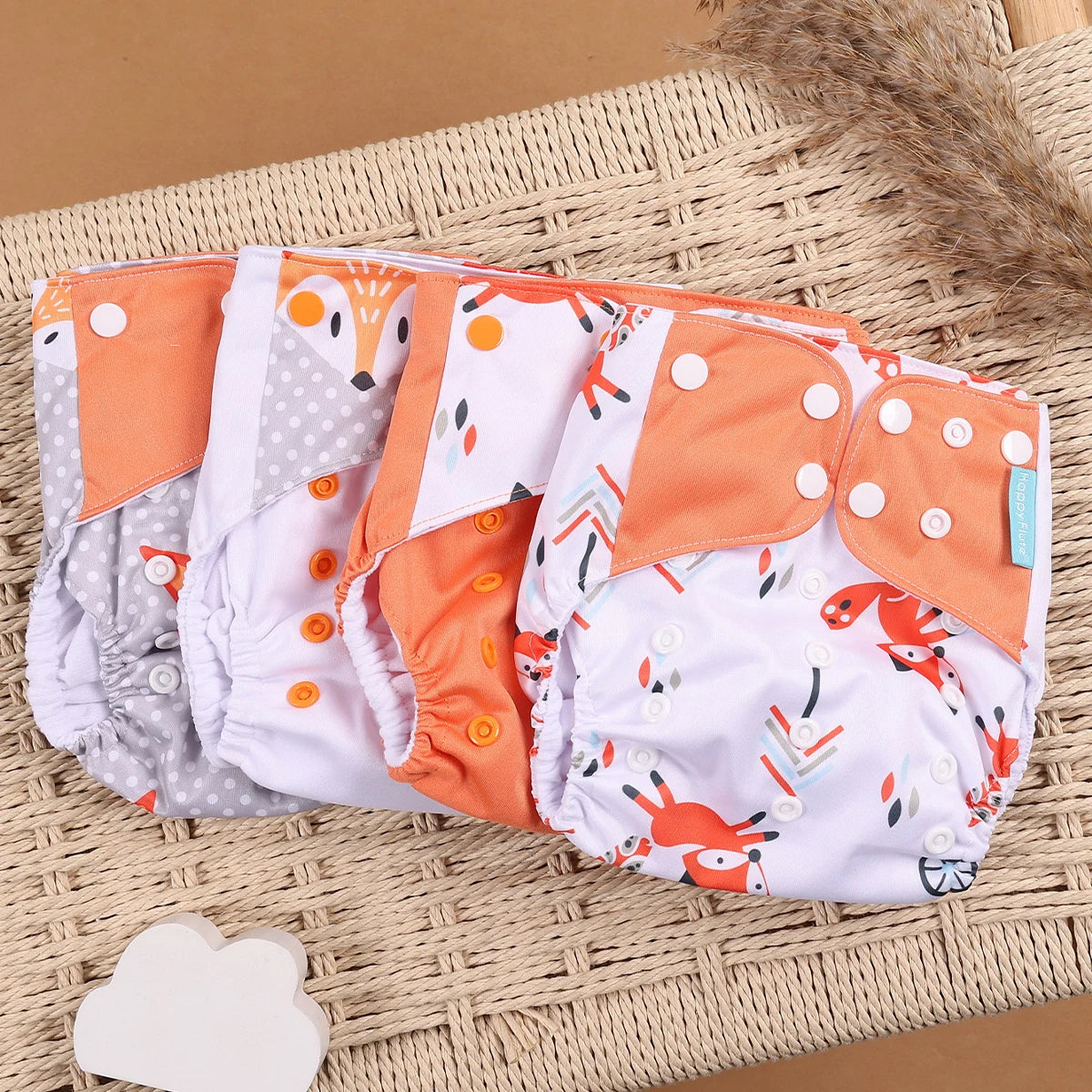 Reusable Cloth Diapers, Happyflute 4-Pack One-Size Pocket Baby Nappies with Adjustable Snap Closures, Washable Covers, Inserts Sold Separately