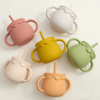 Two-Handle Toddler Straw Cup with Rounded Body and Wavy-Edge Lid, Portable Baby Drinkware and Snack Container Options for Supervised Use