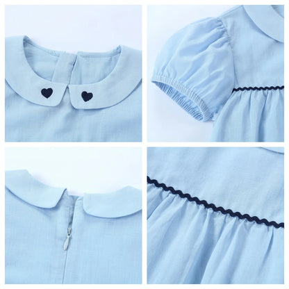 Light Blue Sibling Matching Outfits with Cotton Girls Collared Dresses, Baby Rompers and Boys Plaid Sets, Lyocell Knit Tops and White Separates