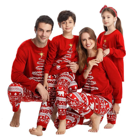 Christmas Tree Family Pajamas, Matching Mom Dad Kids Two-Piece Holiday Outfits with Baby and Dog Romper Options in Red or Navy