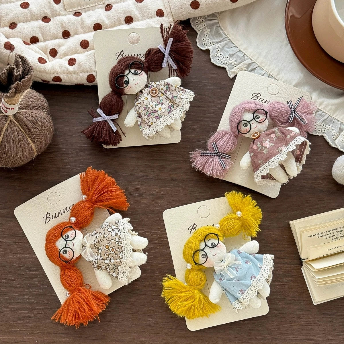 Doll Hair Accessories for Girls, Handmade Cotton Character Hair Clip or Elastic Hair Tie with Floral Dress and Colorful Pigtail Details