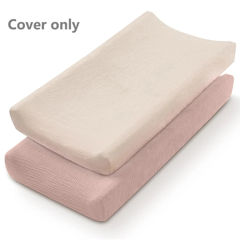 Muslin Cotton Changing Pad Covers 2-Pack with Elastic Edges, Double-Layer Baby Diaper Mat Covers for Newborn Nursery Care and Baby Shower Gifts