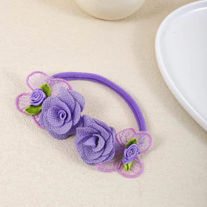 Flower Baby Headbands, 5-Piece Nylon Elastic Band Set with Layered Fabric Roses and Mesh Butterfly Accents for Supervised Outfit Photos