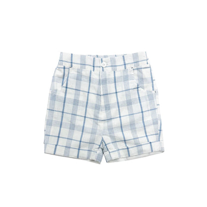 Light Blue Sibling Matching Outfits with Cotton Girls Collared Dresses, Baby Rompers and Boys Plaid Sets, Lyocell Knit Tops and White Separates