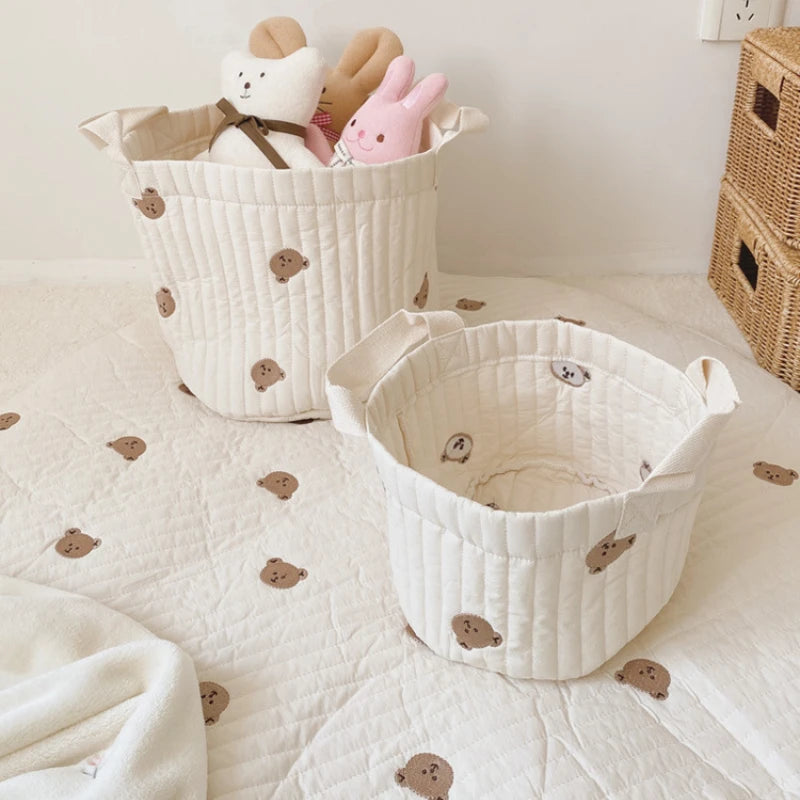 Diaper Storage Basket with Cute Bear Embroidery and Carry Handles, Quilted Nursery Organizer for Newborn Diapers, Toys and Baby Essentials