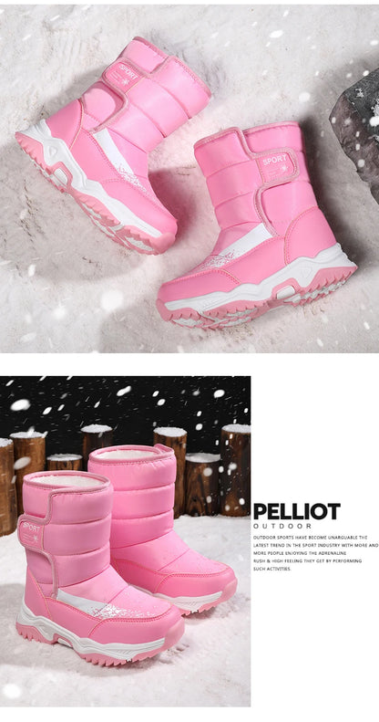 Kids Plush-Lined Winter Boots with Padded Shafts and Front Flap Closures, Pink or Purple Snow-Style Footwear for Boys and Girls