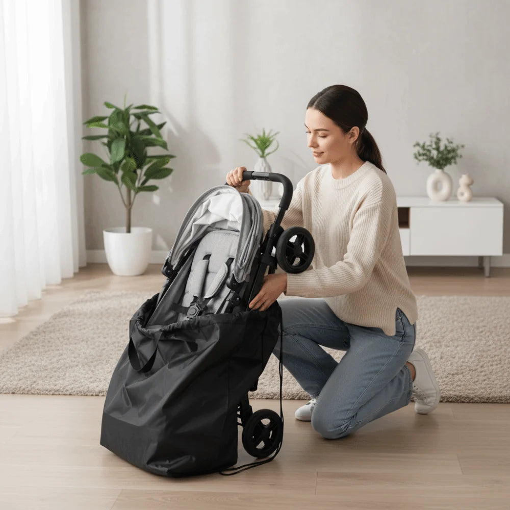 Stroller Gate Check Bag in Black Oxford Cloth with Drawstring Closure and Carry Handles, Foldable Travel Storage Cover for Compact Strollers