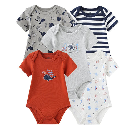 Infant Cotton Bodysuits 5-Pack with Short Sleeves and Envelope Shoulders, Solid Colors and Playful Prints for Baby Boys and Girls, Sizes 3M-12M