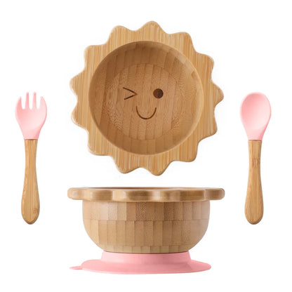 Bamboo Baby Suction Bowl and Tableware Options, Sun, Cloud and Dinosaur Designs with Single-Piece or 3-Piece Wooden-Handle Utensil Sets
