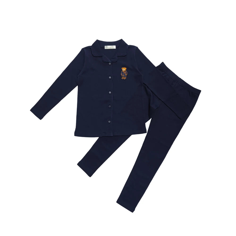 Kids Button Front Loungewear with Teddy Bear Motif, Long Sleeve Shirt and Pants Sets, Dress and Baby Romper Options in Blue, Pink and Red