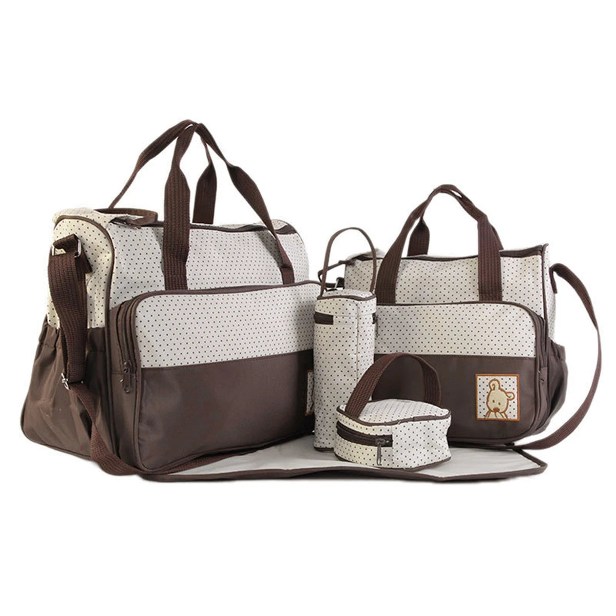 Diaper Bag Set 5 Piece with Polka Dot Design, Large Mommy Tote and Coordinating Storage Bags for Baby Essentials, Daily Outings and Travel