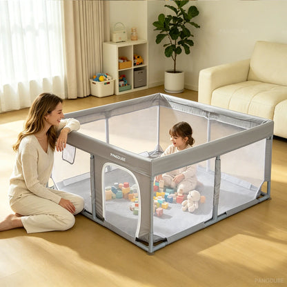 Padded Baby Playpen by PANGDUBE, Gray Mesh Activity Yard with External Zipper Door, Storage Pocket and Five Size Options for Supervised Play