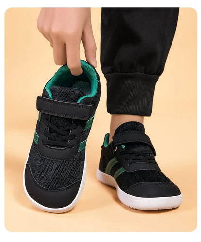 Kids Wide-Toe Mesh Sneakers with Adjustable Hook-and-Loop Strap, Contrast Side Stripes and Low-Top Casual Style in Pink, Black or Blue