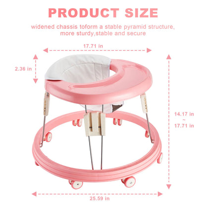 Foldable Seated Baby Walker in Pink with 5 Height Settings, Circular Wheeled Base, Tray and Seat for Indoor Use with Adult Supervision