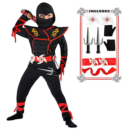Muscle Ninja Costume for Kids with Hooded Mask, Jumpsuit, Utility Belt and Foam Accessories for Halloween Parties, School Plays and Dress-Up
