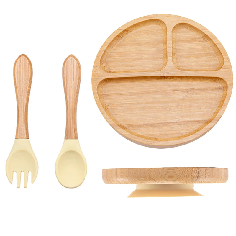 Baby Bamboo Suction Plate Set with Wooden-Handle Spoon and Fork, 3-Piece Cartoon Dinnerware with Divided Elephant Design for Toddler Meals