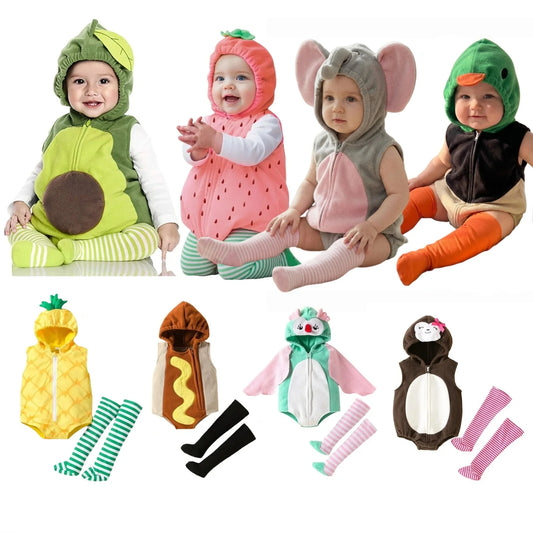Baby Costume Romper Set with Zip-Up Cartoon Hood and Leg Warmers, Infant Boys and Girls Dress-Up Outfit for Halloween and Photos, 0-24 Months
