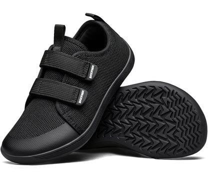 Kids Barefoot-Style Mesh Sneakers with Wide Toe and Double-Strap Fastening, Breathable Knitted Casual Walking Shoes in Gray, Black or Blue for Boys and Girls