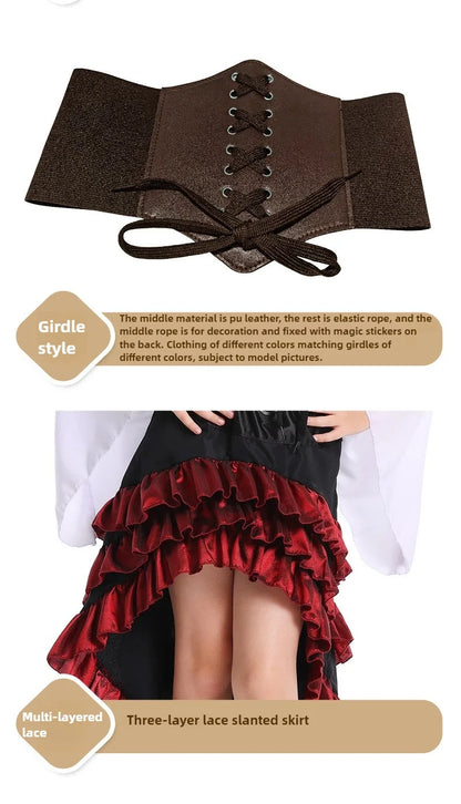 Girls Pirate Costume Set with Bell Sleeve Blouse, High-Low Skirt, Head Scarf and Lace-Up Waistband for Halloween and Dress-Up Parties