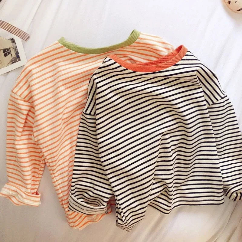 Toddler Striped Long Sleeve Shirt with Contrast Crewneck, Relaxed Fit Black or Orange Tee for Boys and Girls, Baby Sizes 9-12M to 5T
