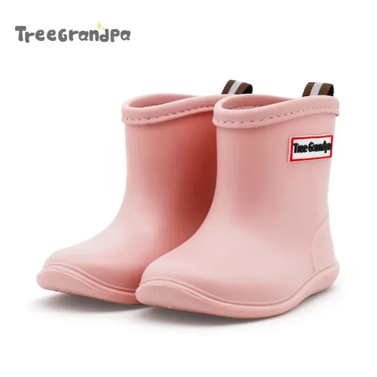 Solid Color Kids Rain Boots in PVC with Rear Pull Tabs, Mid-Calf Pull-On Rainy-Day Shoes for Boys and Girls, Eight Colors and Listed Sizes 5-12