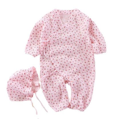 Muslin Cotton Baby Kimono Romper with Side Ties and Leg Snaps, Long Sleeve Printed Footless Jumpsuit for Boys and Girls, 0-24 Months