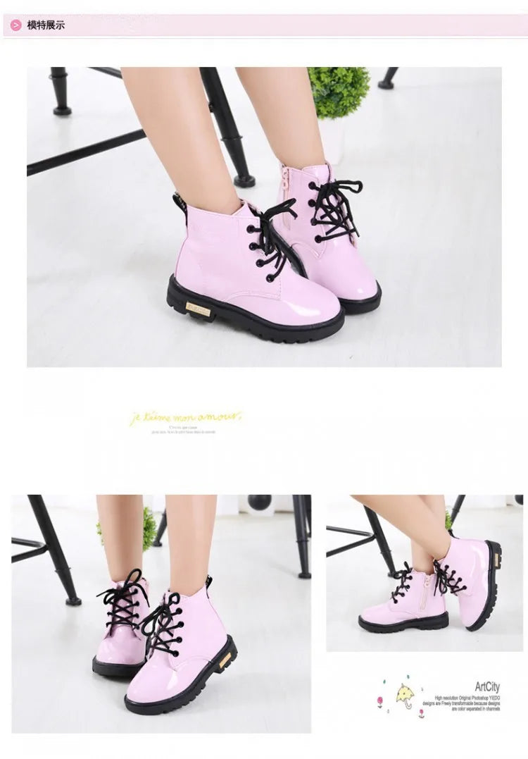Kids Lace-Up Ankle Boots in PU Leather, Glossy Fashion Shoes for Boys and Girls with Black Soles, Five Colors and Sizes 21–37 for Spring and Fall