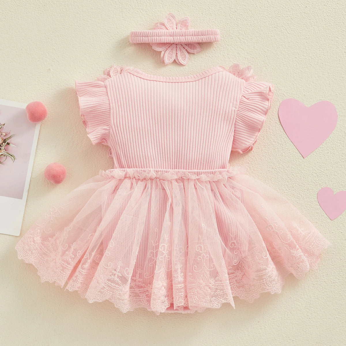 Flower Applique Baby Girl Romper Dress with Headband, Lace Mesh Skirt and Waist Bow, Cotton Blend Summer Occasion Outfit for 0-18 Months