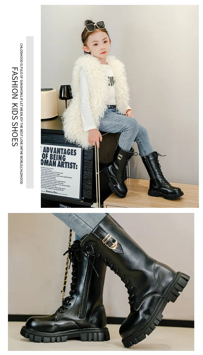 Girls Buckle Detail Tall Boots with Lace-Up Front and Side Zippers, Chunky Lug-Style Soles and Round Toes for Casual Fall Outfits