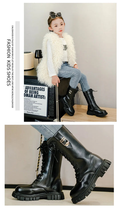 Girls Buckle Detail Tall Boots with Lace-Up Front and Side Zippers, Chunky Lug-Style Soles and Round Toes for Casual Fall Outfits