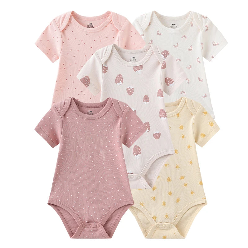 Infant Cotton Bodysuits 5-Pack with Short Sleeves and Envelope Shoulders, Solid Colors and Playful Prints for Baby Boys and Girls, Sizes 3M-12M