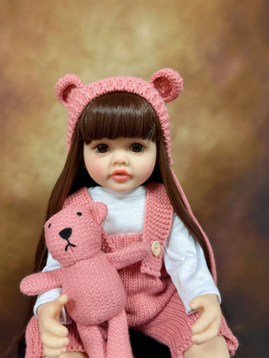 Reborn Toddler Girl Doll, 20 Inch with Movable Limbs, Fixed Acrylic Eyes and Glued Wig, Clothing Set, Magnetic Pacifier and Doll Bottle