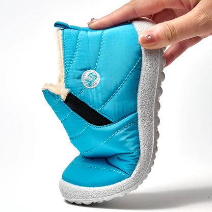Kids Quilted Ankle Winter Boots with Plush Lining and Side Zippers, Blue Padded Cold-Weather Shoes with Rounded Toes, Sizes 26–35