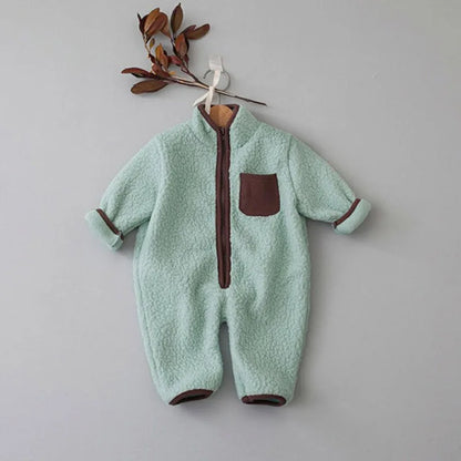 Zip Front Baby Fleece Romper by MILANCEL with Contrast Chest Pocket, Long Sleeve Footless One-Piece Outerwear in Brown, Beige and Green, 3-24M