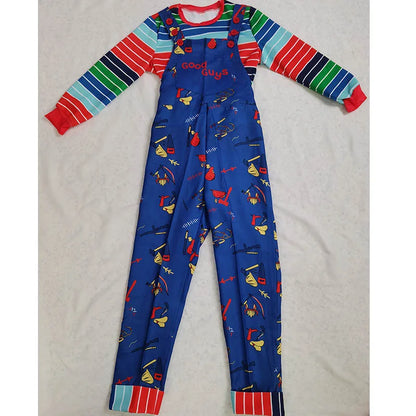 Chucky Halloween Costume Set with Multicolor Striped Shirt and Blue Printed Overalls for Kids and Adults, Cosplay and Costume Parties
