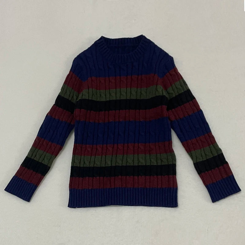 Striped Cable Knit Sibling Outfits with Dark Denim Jumper Dresses, Skirts and Pants, Coordinating Boys Girls Sweaters and Baby Romper Options