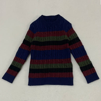 Striped Cable Knit Sibling Outfits with Dark Denim Jumper Dresses, Skirts and Pants, Coordinating Boys Girls Sweaters and Baby Romper Options