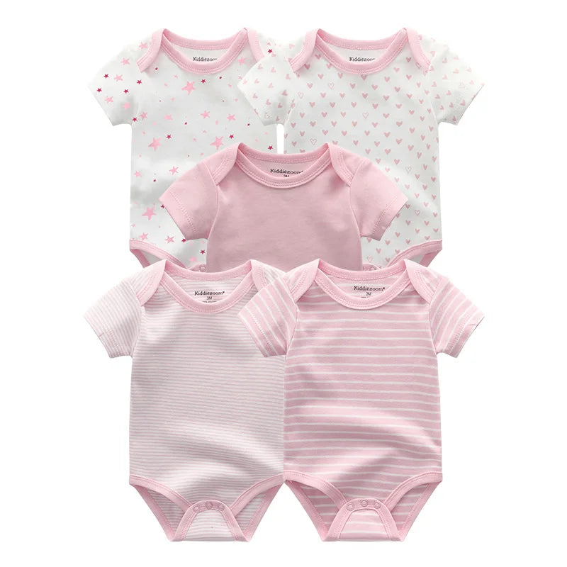Cotton Baby Bodysuit Set of 5, Short Sleeve and Sleeveless Infant Clothing Styles with Solid Colors and Prints for Boys and Girls, 3M-12M