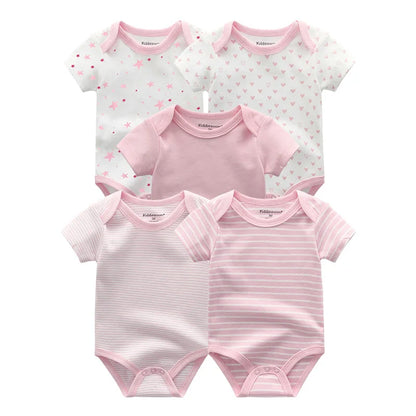 Cotton Baby Bodysuit Set of 5, Short Sleeve and Sleeveless Infant Clothing Styles with Solid Colors and Prints for Boys and Girls, 3M-12M