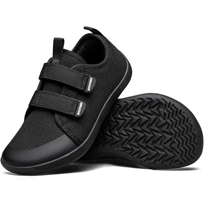 Kids Barefoot-Style Mesh Sneakers with Wide Toe and Double-Strap Fastening, Breathable Knitted Casual Walking Shoes in Gray, Black or Blue for Boys and Girls