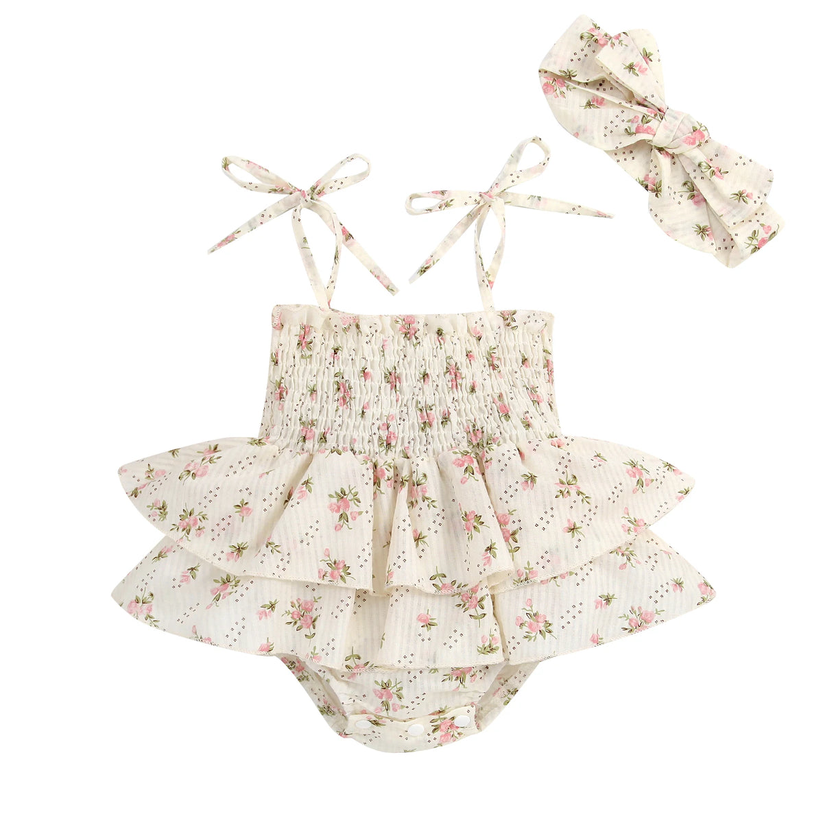 Smocked Floral Baby Girl Sunsuit with Headband, Cotton Blend Ruffle Romper with Tie Shoulder Straps for Summer Photos, 0-24 Months