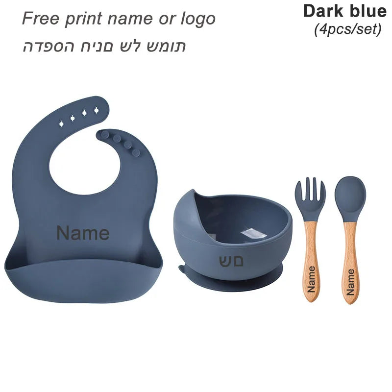 Personalized Baby Feeding Set with Silicone Suction Plate, Bowl, Spoon and Fork, 4-Piece or 6-Piece Tableware Options for Supervised Mealtimes