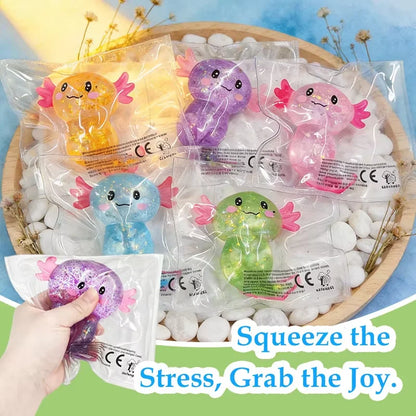 Axolotl Squishy Toy with Glitter, Soft TPR Salamander Squeeze Fidget for Gentle Tactile Play, One Random-Color Animal Lover Gift