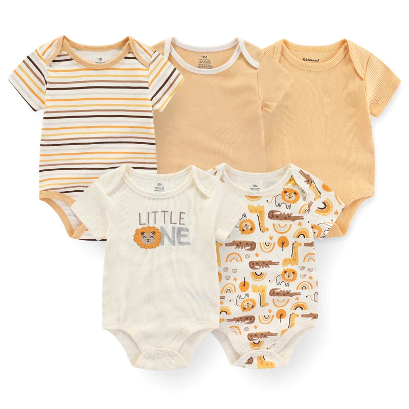 Cotton Baby Bodysuit Set of 5, Short Sleeve and Sleeveless Infant Clothing Styles with Solid Colors and Prints for Boys and Girls, 3M-12M